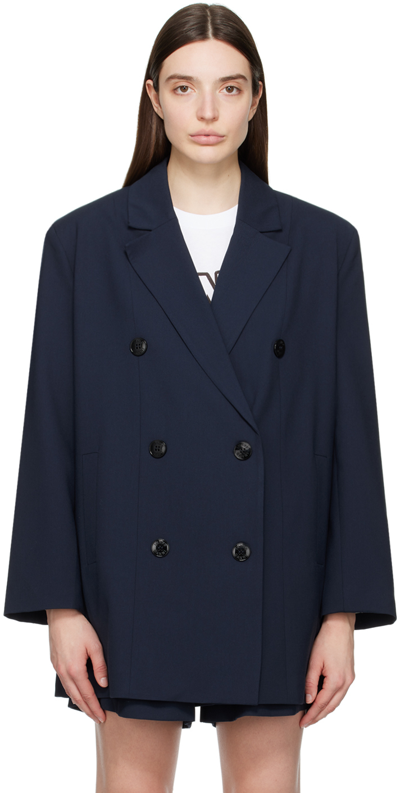 Ganni Navy Double-breasted Blazer In 683 Sky Captain