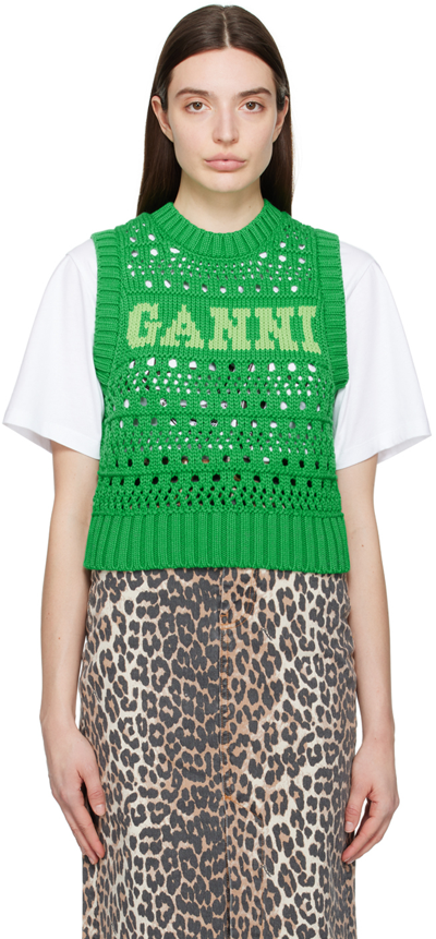 Ganni Logo-jacquard Crochet Jumper Waistcoat In Green
