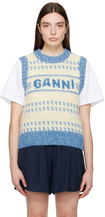 Ganni Logo Intarsia-knit Wool Waistcoat In Mixed Colours