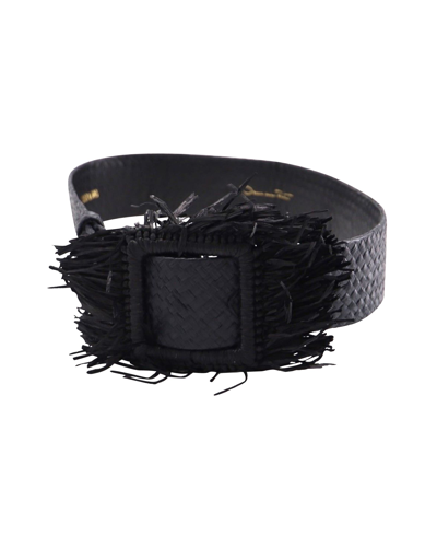 Oscar De La Renta Woven Raffia Fringe Belt In Black Leather