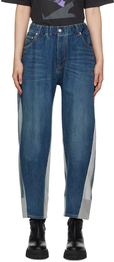 Undercover Blue & Grey Paneled Jeans In Indigo
