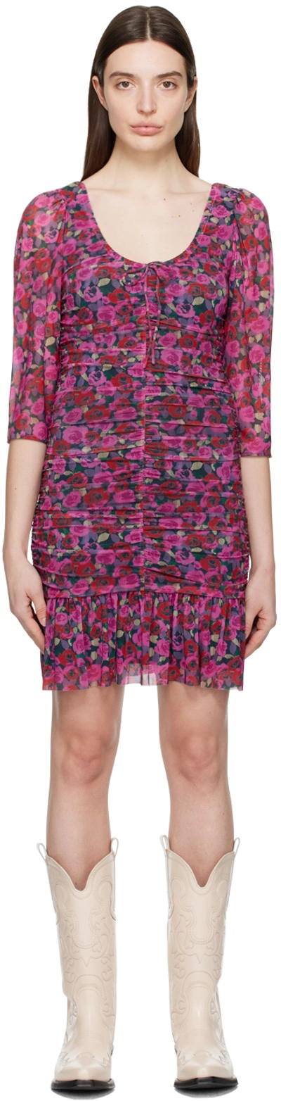 Ganni Minikleid Aus Stretch-satin Mit Floralem Print Und Raffungen In Magenta