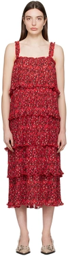 GANNI RED FLOUNCE MIDI DRESS