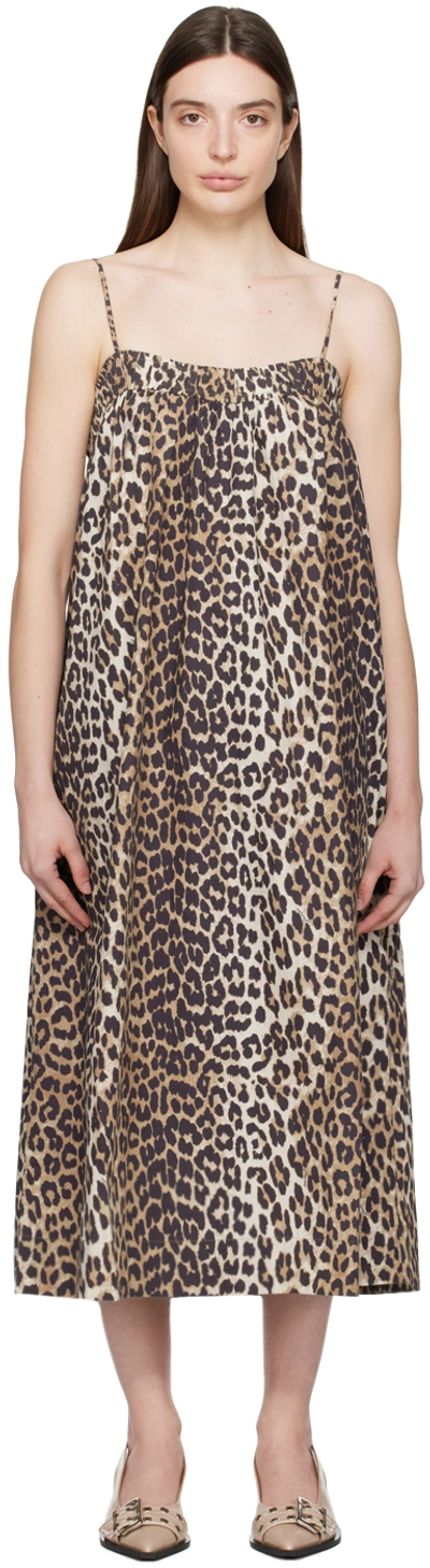 Ganni Brown Printed Midi Dress In Animal Print