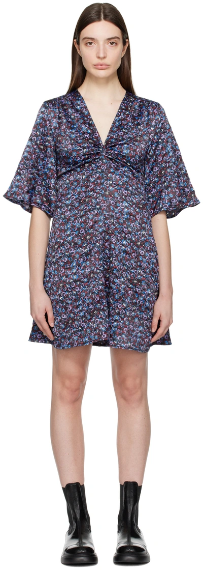 Ganni Mini Floral Crinkled Satin Dress In Multicolor