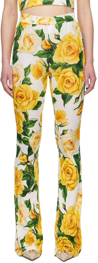 Dolce & Gabbana Floral Print High-waisted Flared Trousers In White