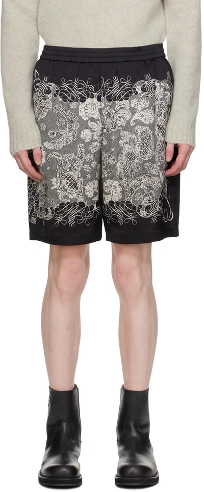 ACNE STUDIOS BLACK & OFF-WHITE PRINTED SHORTS