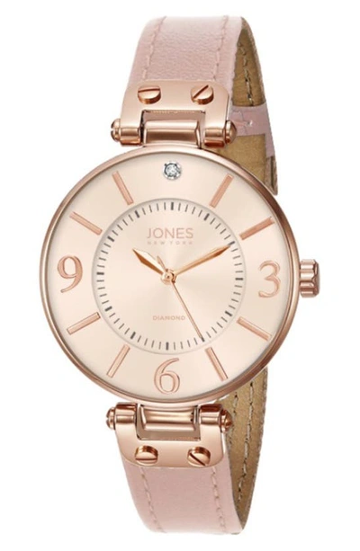 I Touch Jones New York Diamond Accent Three Hand Quartz Leather Strap Watch, 34mm In Blush