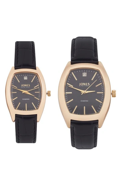 I Touch Jones New York Two-piece Diamond Accent Tonneau Faux Leather Strap Watch His & Hers Set In Black