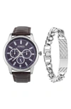 I Touch Jones New York Three-hand Quartz Croc Embossed Strap Watch & Id Bracelet In Brown