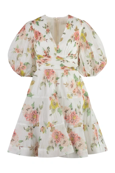 Zimmermann Floral Pleated Puff-sleeve Mini Dress In Multicolour