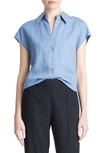 Vince Cap-sleeve Linen Button-front Blouse In Azure Gem