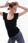 Topshop Rib Scoop Neck Cap Sleeve In Black In Black