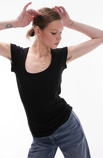 Topshop Rib Scoop Neck Cap Sleeve In Black