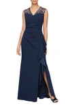 Alex Evenings Embroidered Sleeveless Gown In Navy/ Pink