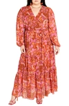 CITY CHIC PRINT LONG SLEEVE TIERED FAUX WRAP MAXI DRESS