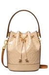 Tory Burch T Monogram Patent Embossed Leather Mini Bucket Bag In Warm Chai