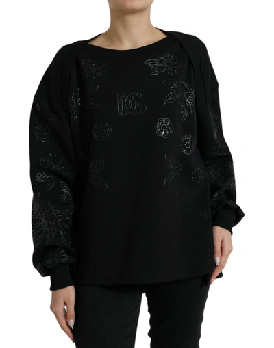 DOLCE & GABBANA DOLCE & GABBANA ELEGANT BLACK FLORAL APPLIQUE WOMEN'S SWEATER