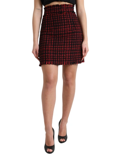 Dolce & Gabbana Black Red Cotton High Waist Tartan Tweed Mini Skirt In Black And Red