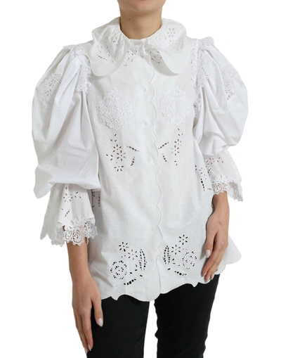 Dolce & Gabbana White Cotton Lace Trim Collared Blouse Top