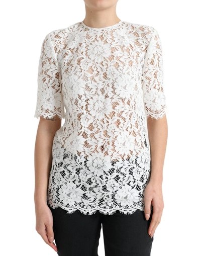 Dolce & Gabbana White Floral Lace Cotton Round Neck Blouse Top