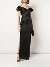 MARCHESA OFF-THE-SHOULDER SATIN DRAPED GOWN