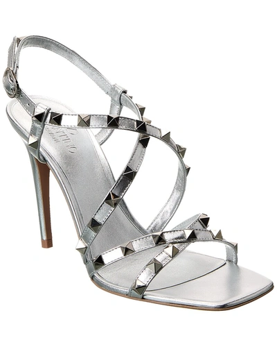 Valentino Garavani Valentino Rockstud 100 Leather Sandal In Silver