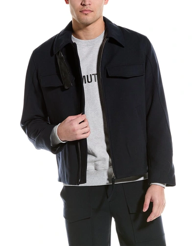 Helmut Lang Rounded Leather-trim Wool-blend Bomber Jacket In Blue