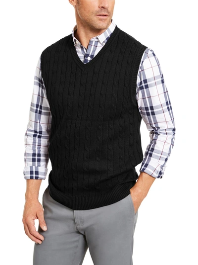 Tasso Elba Mens Cable Knit V-neck Sweater Vest In Black