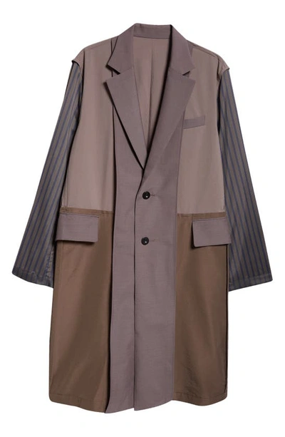 Sacai Mens Taupe Striped-sleeve Notched-lapel Regular-fit Woven Coat