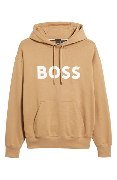 Hugo Boss Iconic Cotton Logo Print Oversized Fit Hoodie In Medium Beige