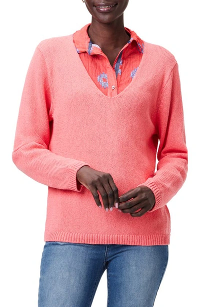 Nic + Zoe Cotton Cord Soft V Neck Jumper In Coral