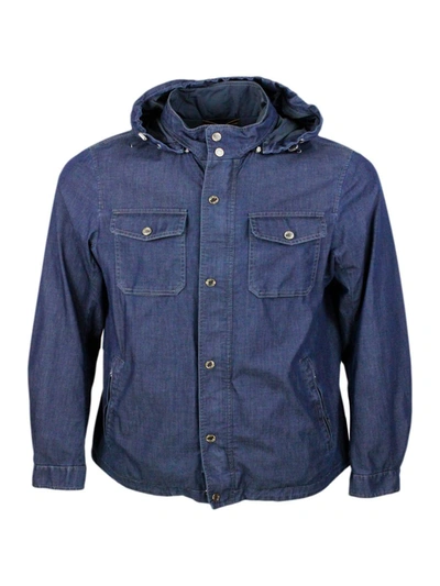 Moorer Anorak Shirt Jacket From The Water Proof Line With 2 Umbrellas With Detachable Hood In Light And Sof In Denim