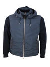 Moorer Bomber Jacket In A Mix Of Materials With Detachable Hood In Smooth Waterproof Fabric And Padded With In Blue