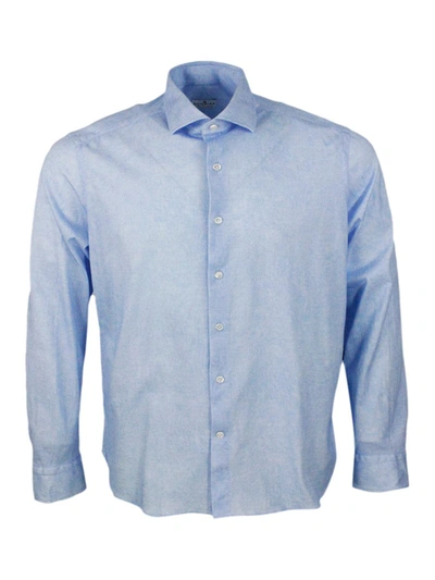Sonrisa Luxury Shirt In Soft, Precious And Very Fine Stretch Cotton Flower With Spread Collar In Two-tone Me In Blue