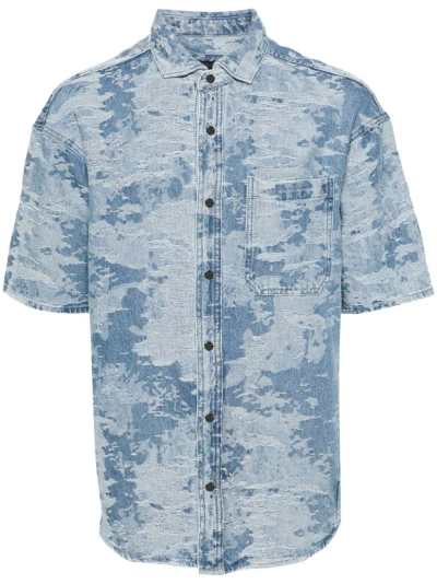 Emporio Armani Camouflage-jacquard Denim Shirt In Azul