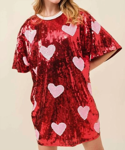 Main Strip Valentine's Day Heart Print Sequin Tunic Top Dress In Red/pink