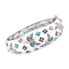 ROSS-SIMONS WHITE ZIRCON AND MULTICOLORED ENAMEL FLORAL BUTTERFLY BANGLE BRACELET IN STERLING SILVER. 7 INCHES