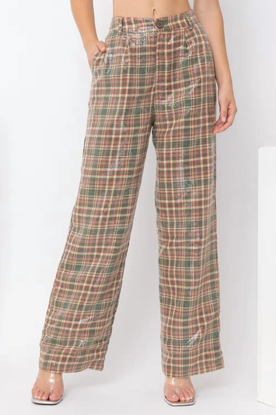 Pretty Garbage That's A Wrap Sequin Plaid Pants In Brown Multi