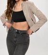 COALITION LA ALWAYS TOGETHER FAUX SUEDE FITTED SHORT JACKET IN TAUPE