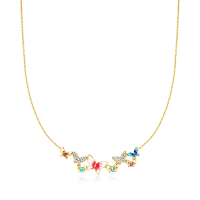 Ross-simons Multi-gemstone And Multicolored Enamel Butterfly Necklace In 18kt Gold Over Sterling. 18 Inches In Pink