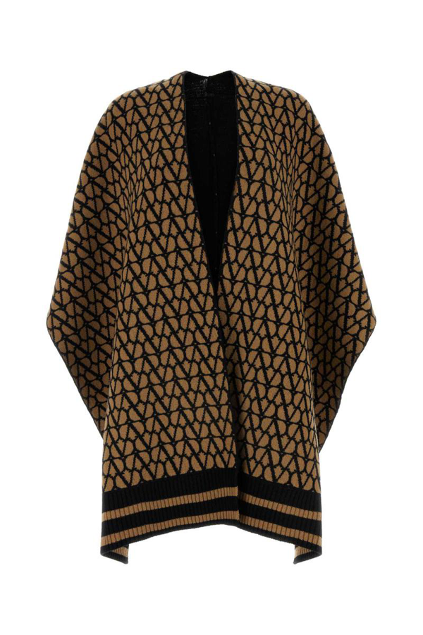 Valentino Garavani logo-plaque fringe-edge cape - Neutrals