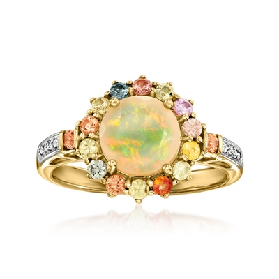 Ross-simons Ethiopian Opal And Multicolored Sapphire Ring With Diamond Accents In 14kt Yellow Gold. In Green