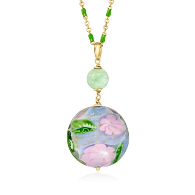 Ross-simons Italian Multicolored Murano Glass Floral Pendant Necklace With Green Quartz Bead In 18kt Gold Over S