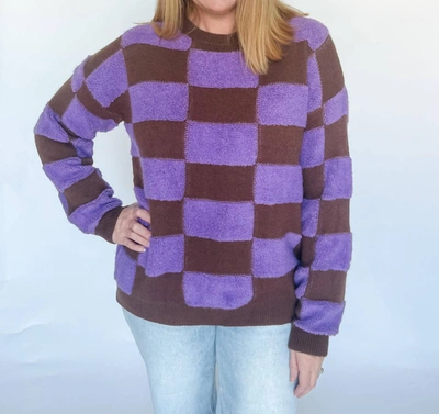 Pretty Garbage Old Faithful Checker Sweater In Brown And Purple