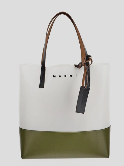Marni Two-tone Logo-print Tote Bag In White