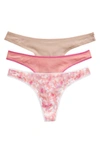 On Gossamer 3-pack Mesh Thongs In Floral Champagne Sunset Rose