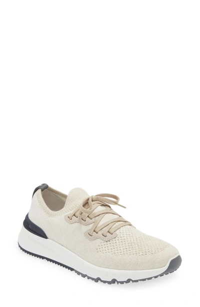 Brunello Cucinelli Suede-trimmed Stretch-knit Sneakers In White