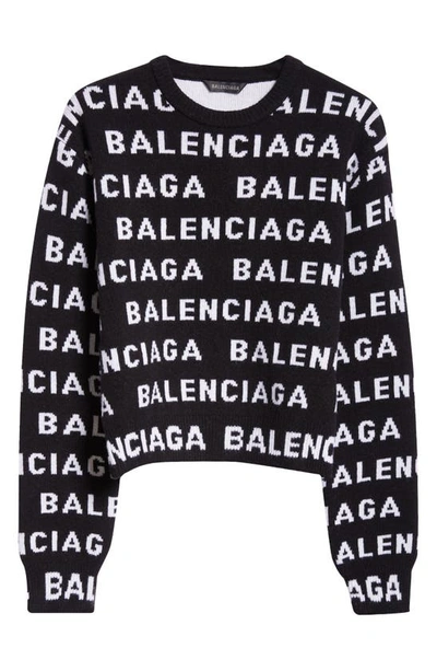 Balenciaga All Over Logo Wool Blend Sweater In Black,white