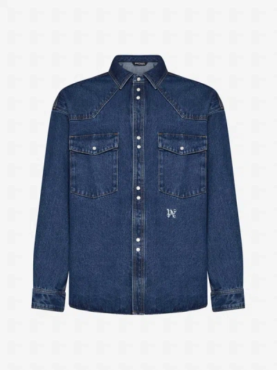 Palm Angels Logo-embroidered Denim Shirt In Blue,white